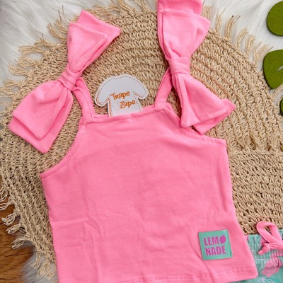 Conj. Regata Laços e Short Saia Lemonade - Rosa Neon e Verde